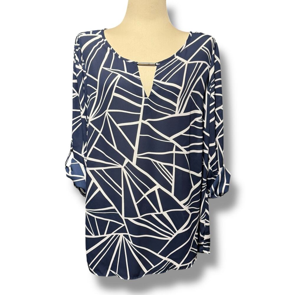 Zac & Rachel Women's Blue white Abstract Print Long Sleeve Roll Tab Blouse 2X
